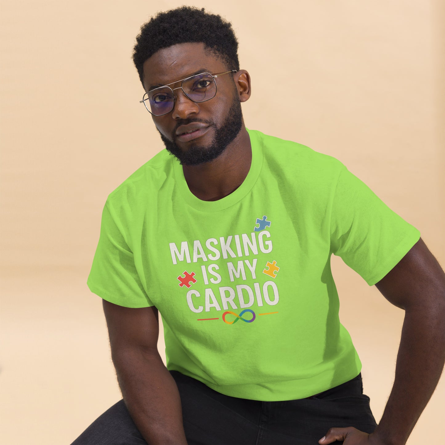 Man wearing a bright green t-shirt with text and graphics on a beige background