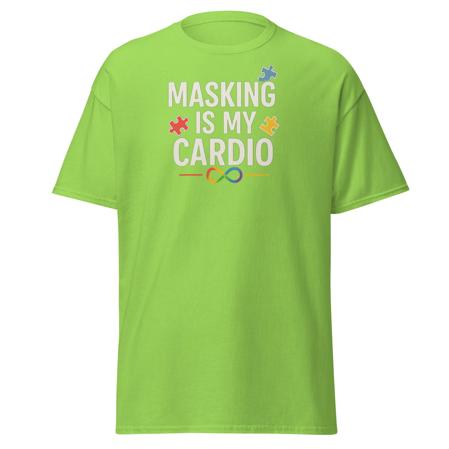 Green t-shirt with text 'Masking is my Cardio' on a white background