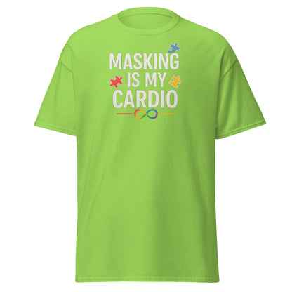 Green t-shirt with text 'Masking is my Cardio' on a white background
