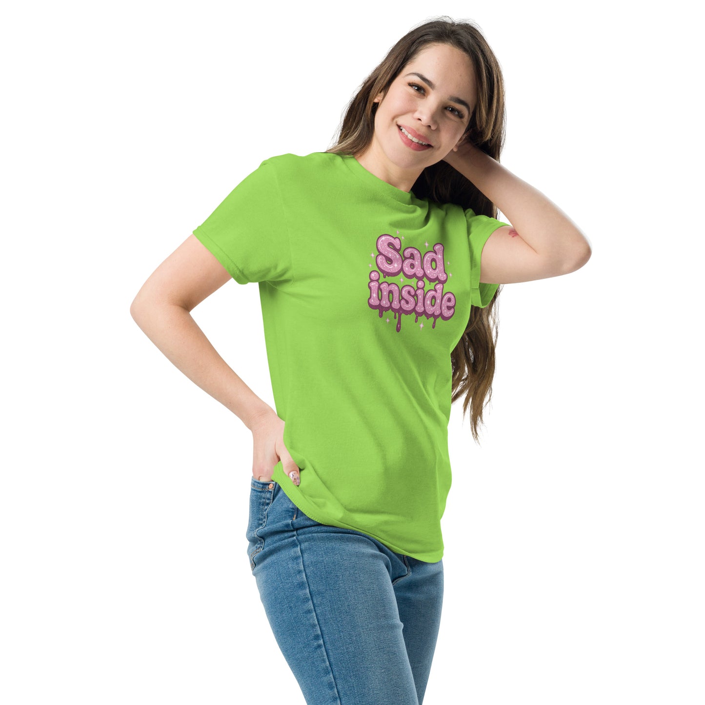 Person wearing a bright green t-shirt with 'Sad inside' text on a white background