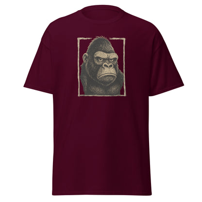 Maroon t-shirt with a gorilla graphic on a white background