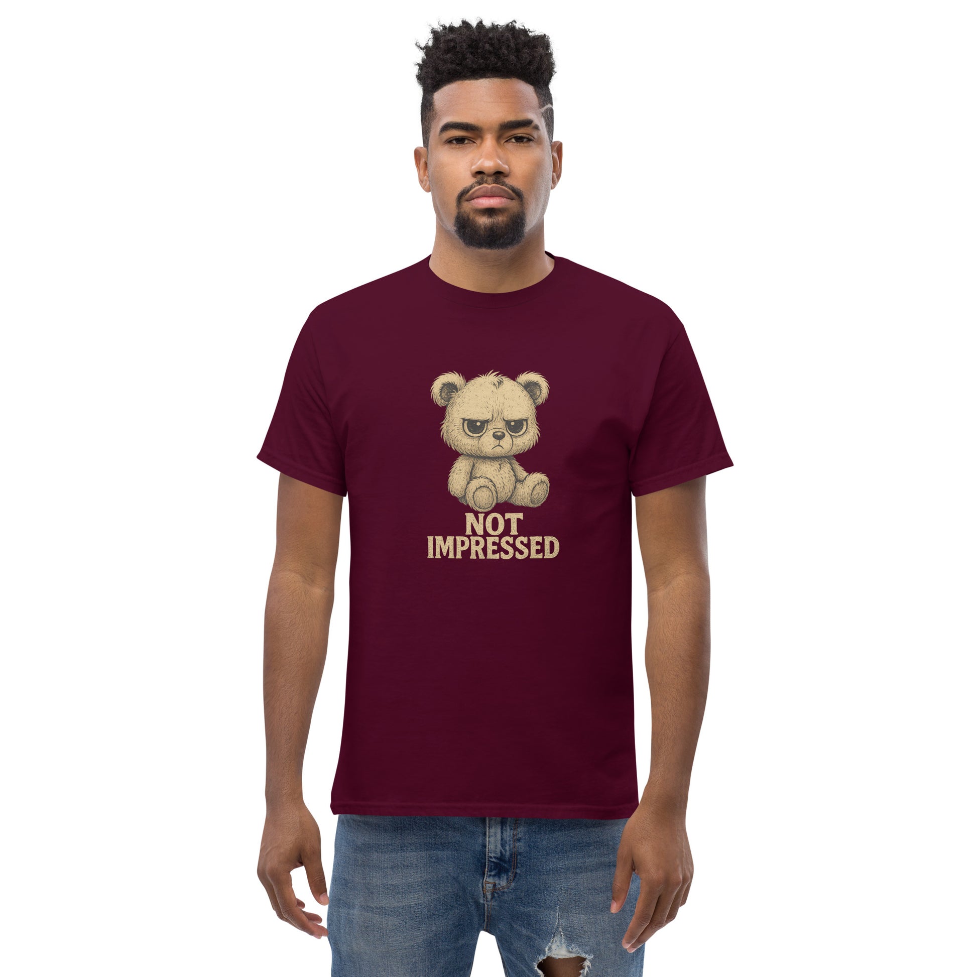Man wearing a maroon t-shirt with a bear graphic and 'Not Impressed' text on a white background