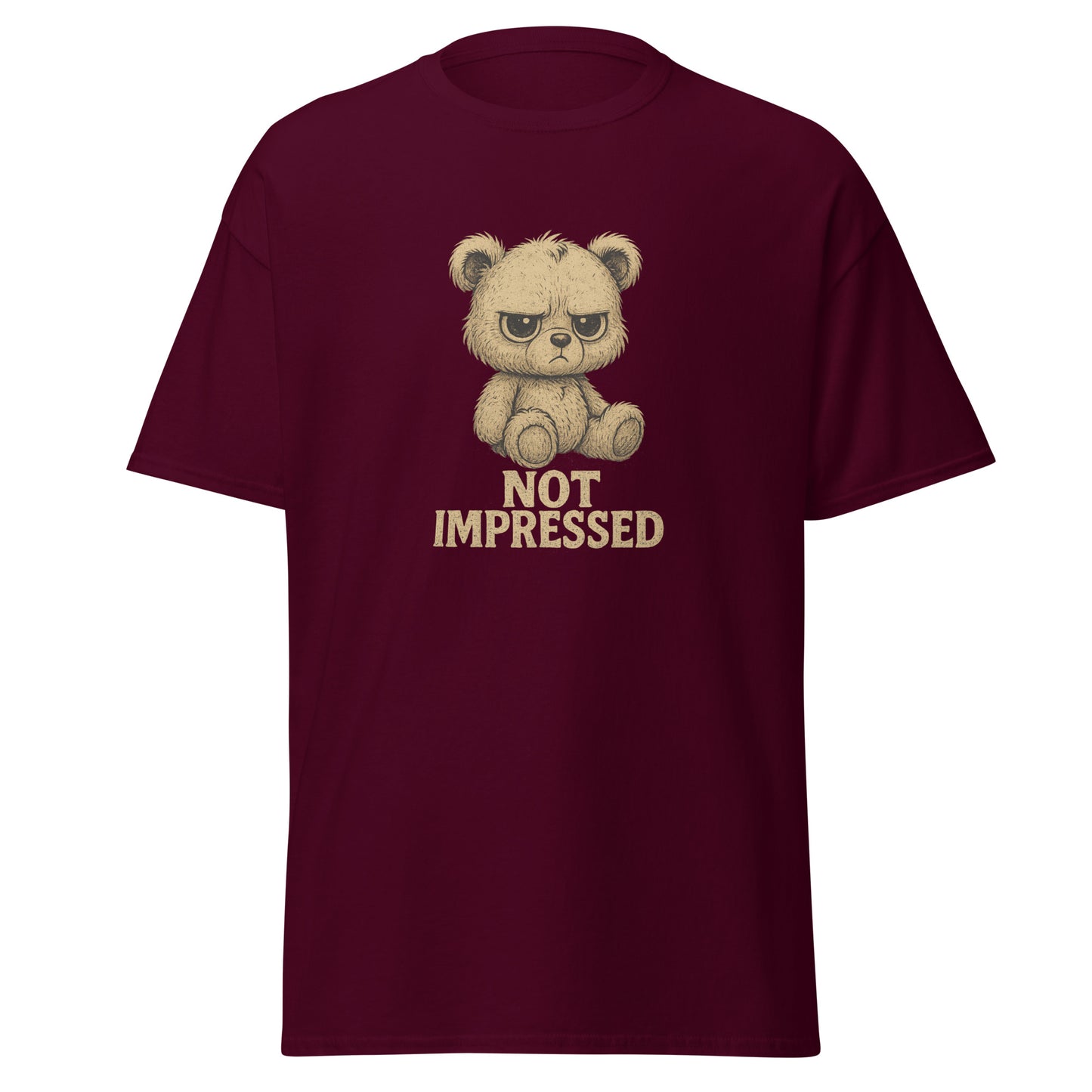 Maroon t-shirt with a bear graphic and 'Not Impressed' text on a white background