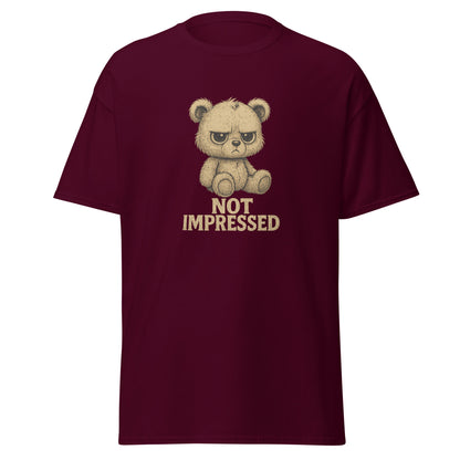 Maroon t-shirt with a bear graphic and 'Not Impressed' text on a white background