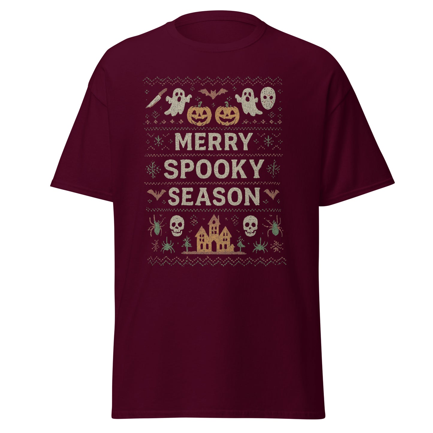 Maroon t-shirt with Halloween-themed design and text on a white background