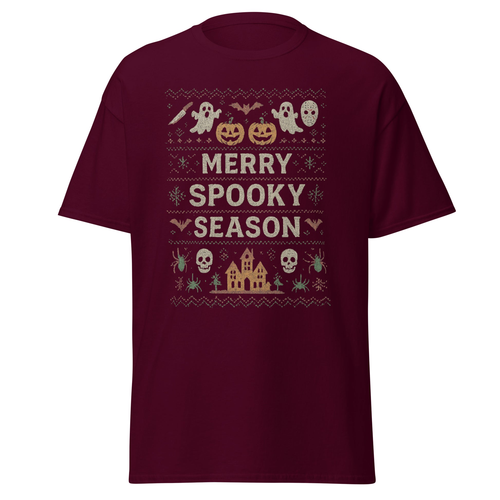 Maroon t-shirt with Halloween-themed design and text on a white background