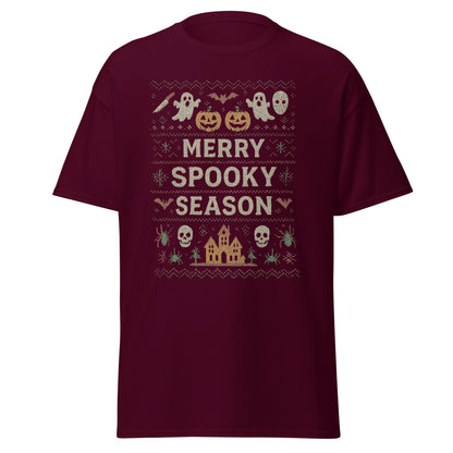 Maroon t-shirt with Halloween-themed design and text on a white background