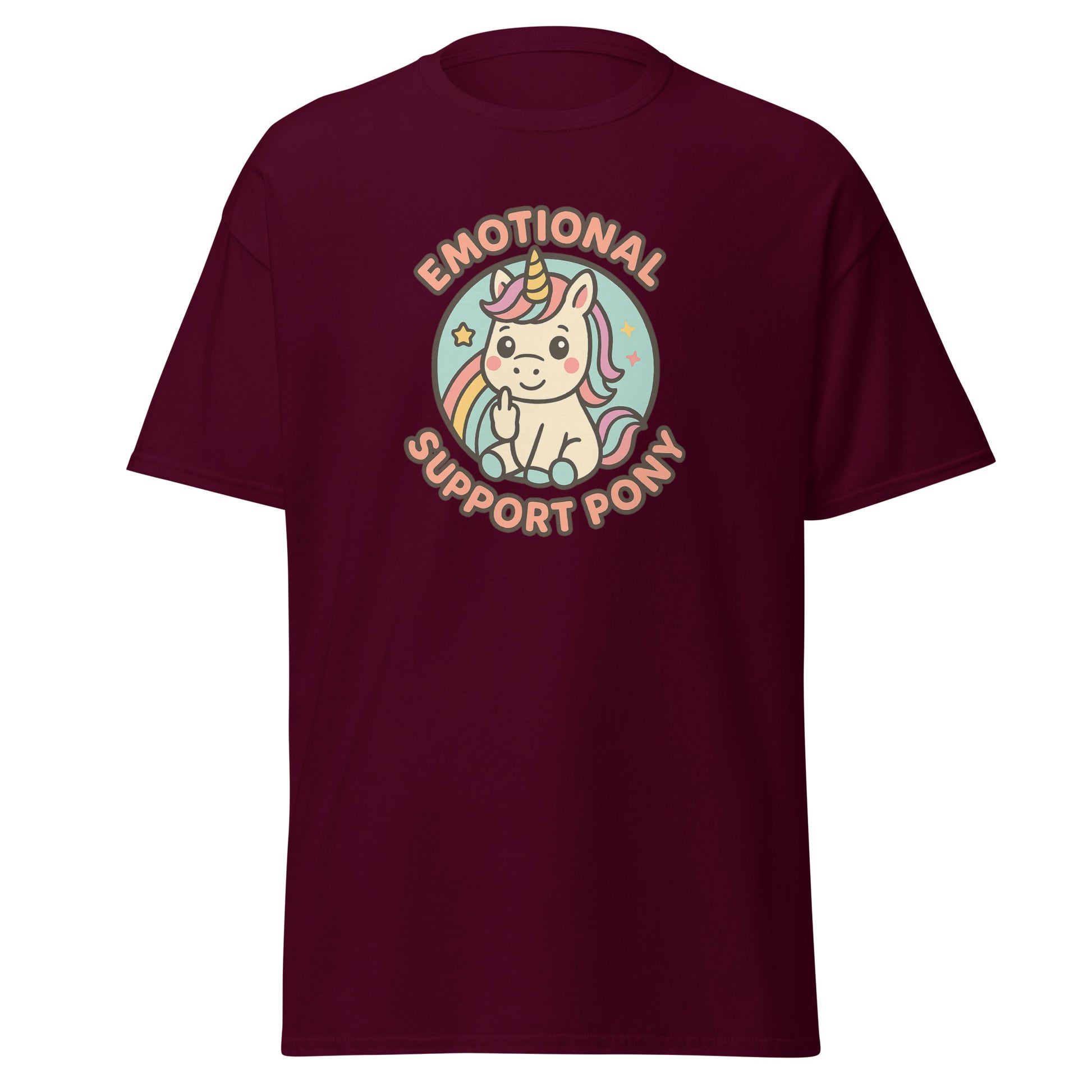 Maroon t-shirt with a unicorn graphic and text on a white background