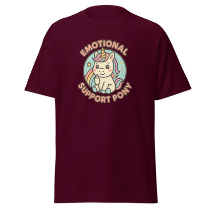 Maroon t-shirt with a unicorn graphic and text on a white background