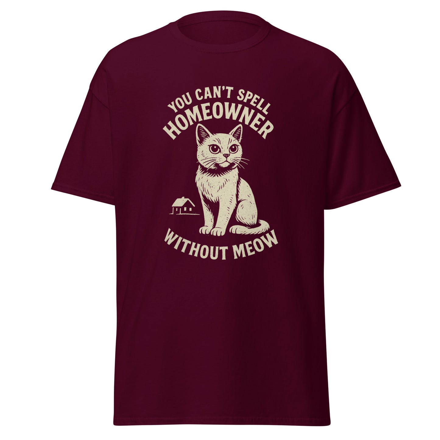 Maroon t-shirt with a cat graphic and text on a white background