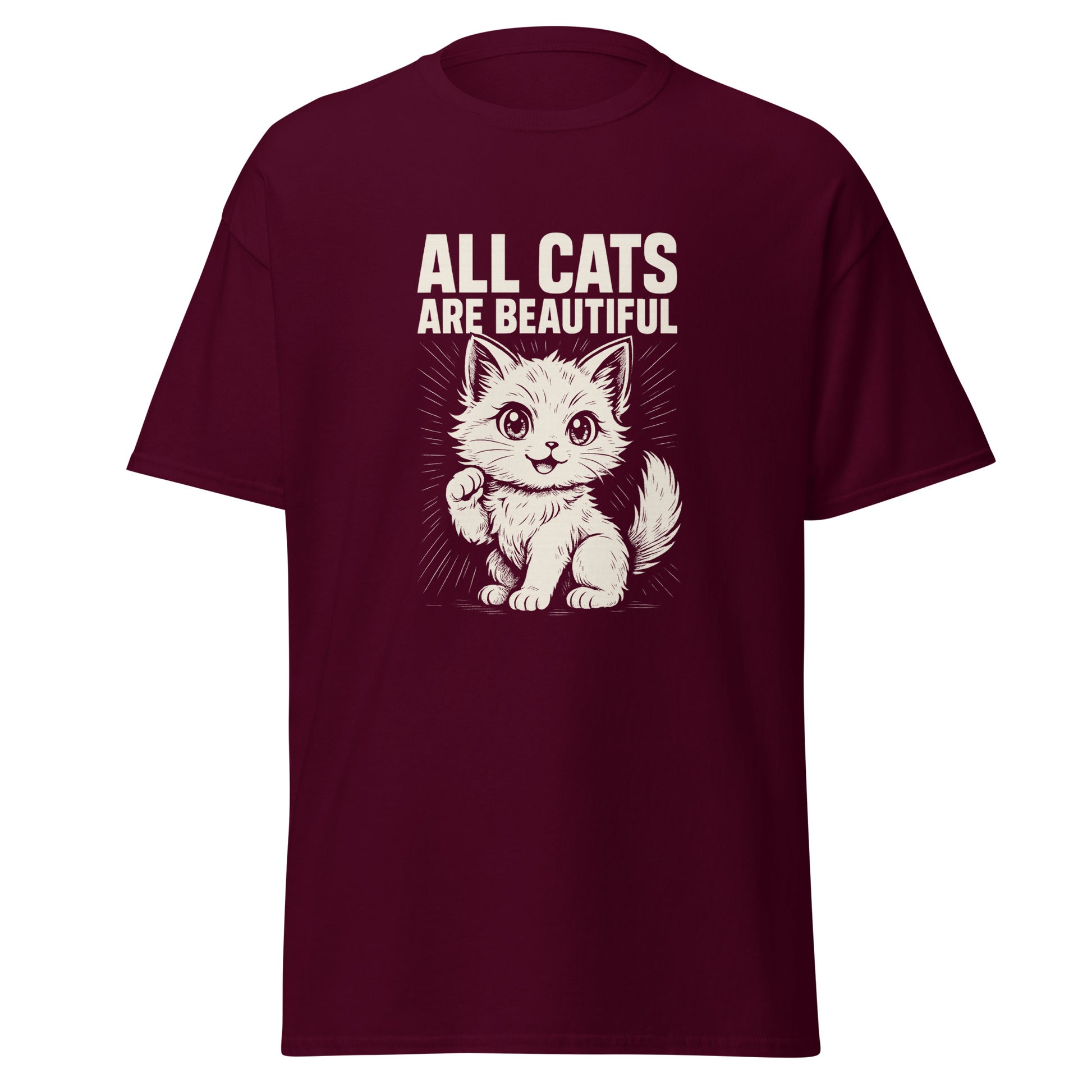 Maroon t-shirt with a graphic of a cat and text 'All Cats Are Beautiful' on a white background