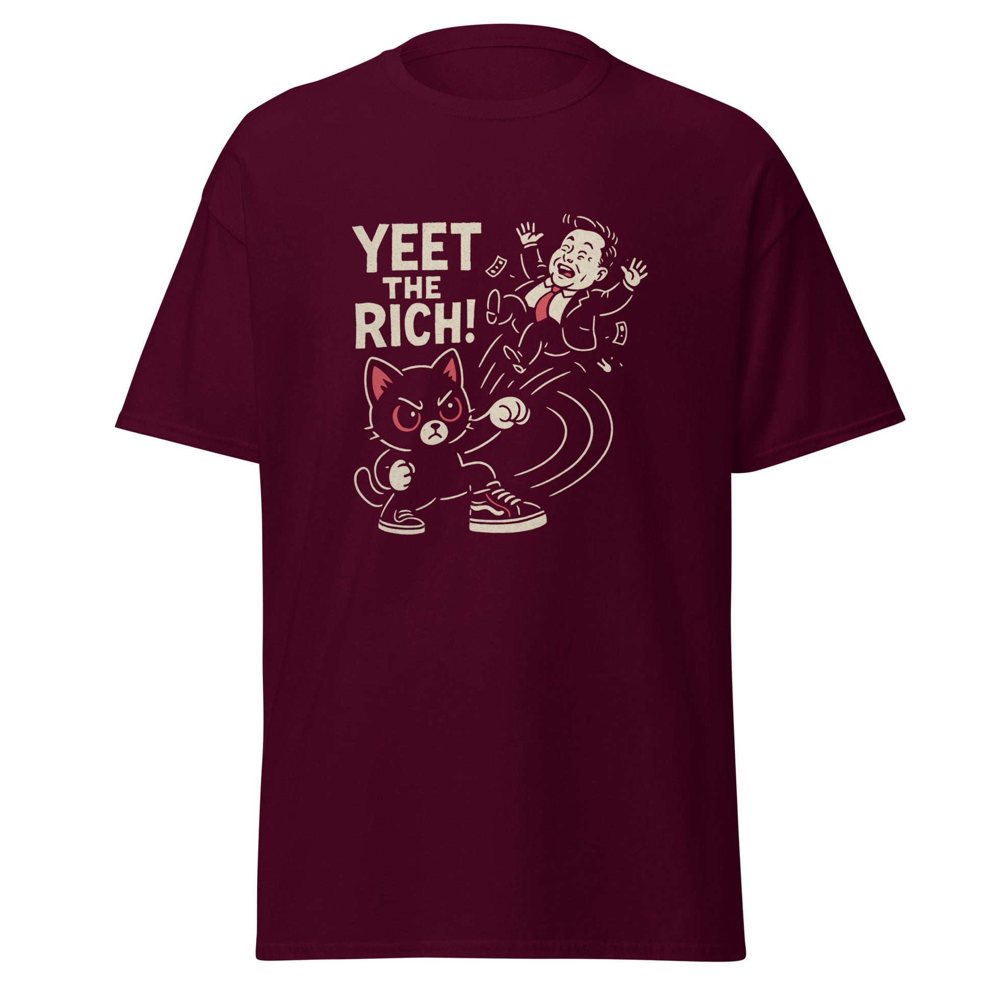 Maroon t-shirt with graphic design and text 'YEET THE RICH!' on a white background