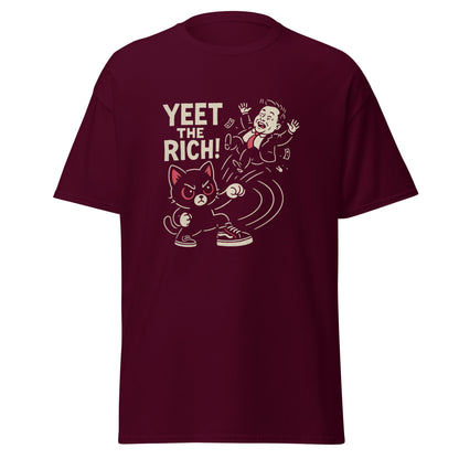 Maroon t-shirt with graphic design and text 'YEET THE RICH!' on a white background