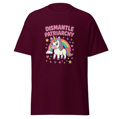 Maroon t-shirt with a unicorn graphic and 'Dismantle Patriarchy' text on a white background