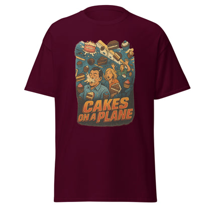 Maroon t-shirt with 'Cakes on a Plane' graphic design on a white background