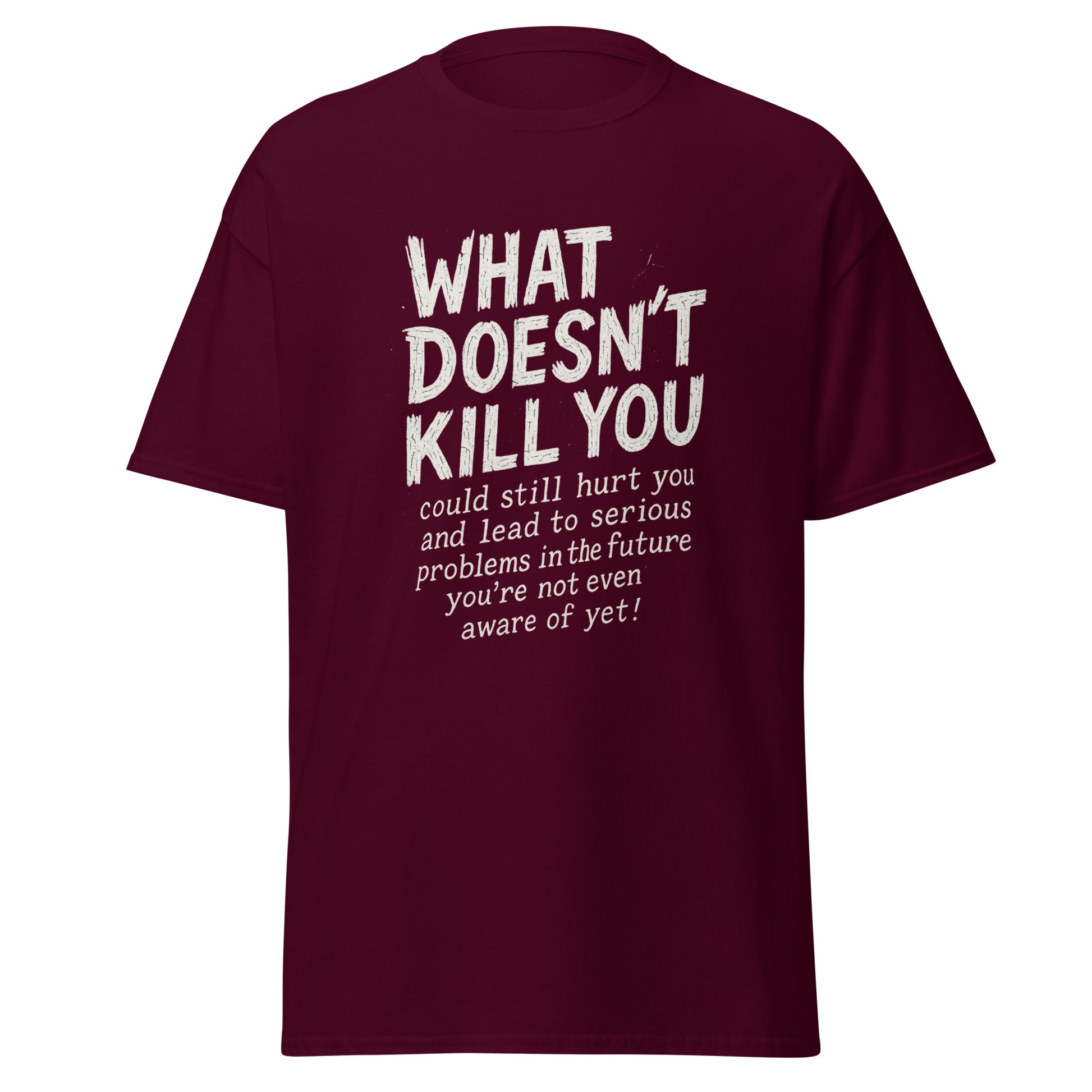 Maroon t-shirt with white text on a white background