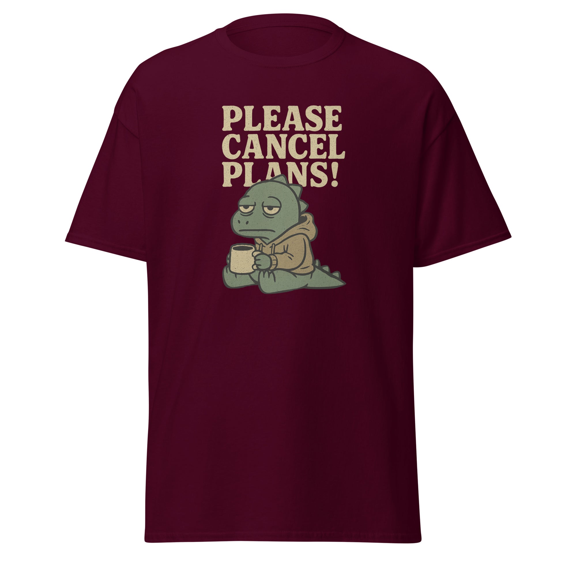 Maroon t-shirt with a graphic of a frog holding a coffee cup and text 'Please Cancel Plans!' on a white background.