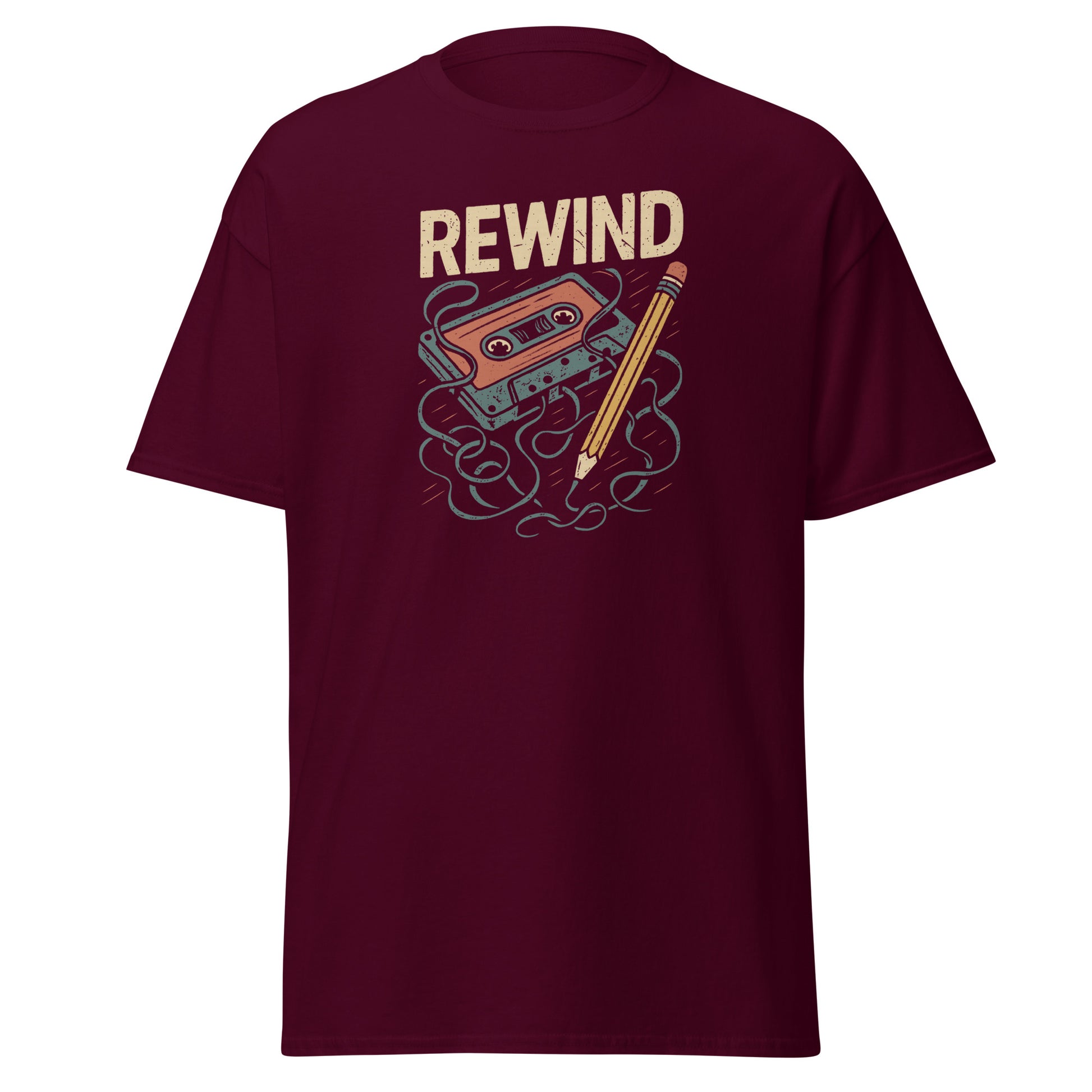 Maroon t-shirt with 'REWIND' graphic design featuring a cassette tape and pencil on a white background