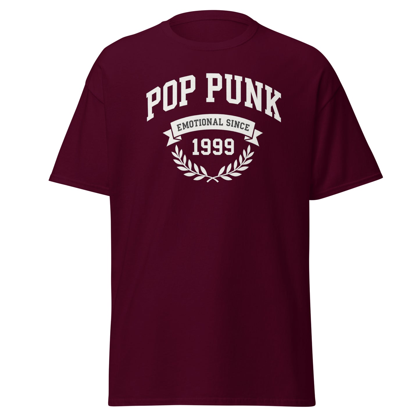 Maroon t-shirt with 'Pop Punk Emotional Since 1999' text on a white background