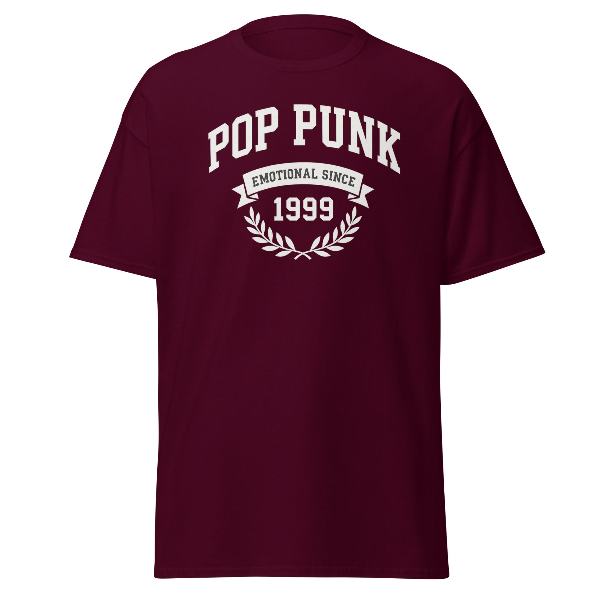 Maroon t-shirt with 'Pop Punk Emotional Since 1999' text on a white background