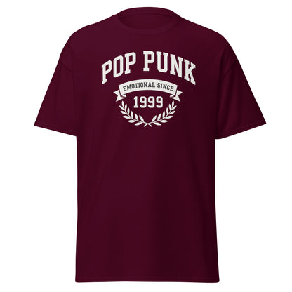 Maroon t-shirt with 'Pop Punk Emotional Since 1999' text on a white background