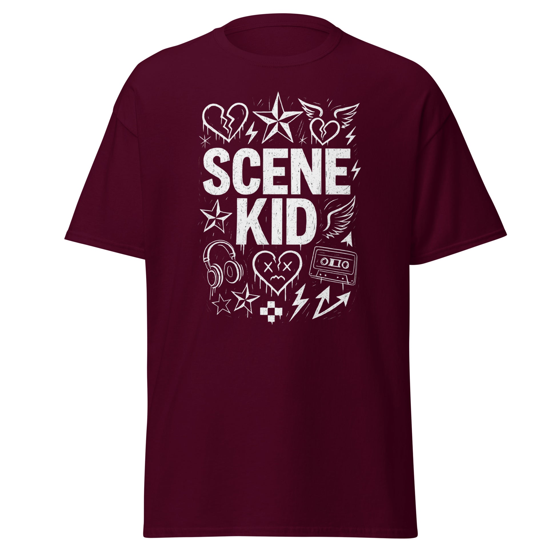 Maroon t-shirt with 'SCENE KID' graphic design on a white background