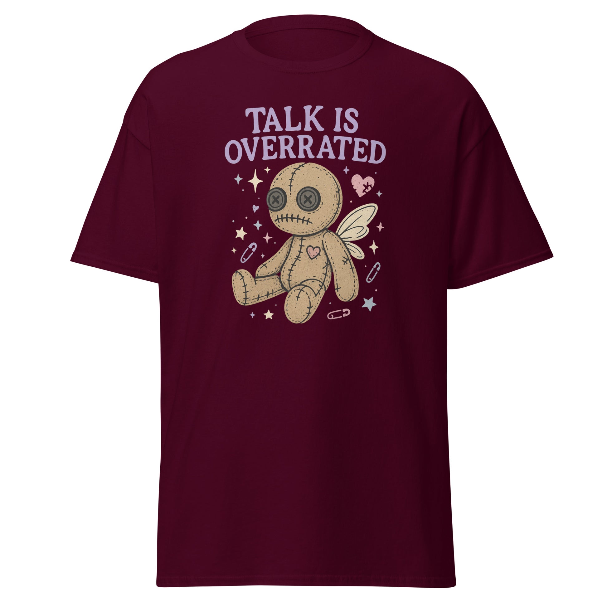 Maroon t-shirt with a voodoo doll graphic and 'Talk is Overrated' text on a white background