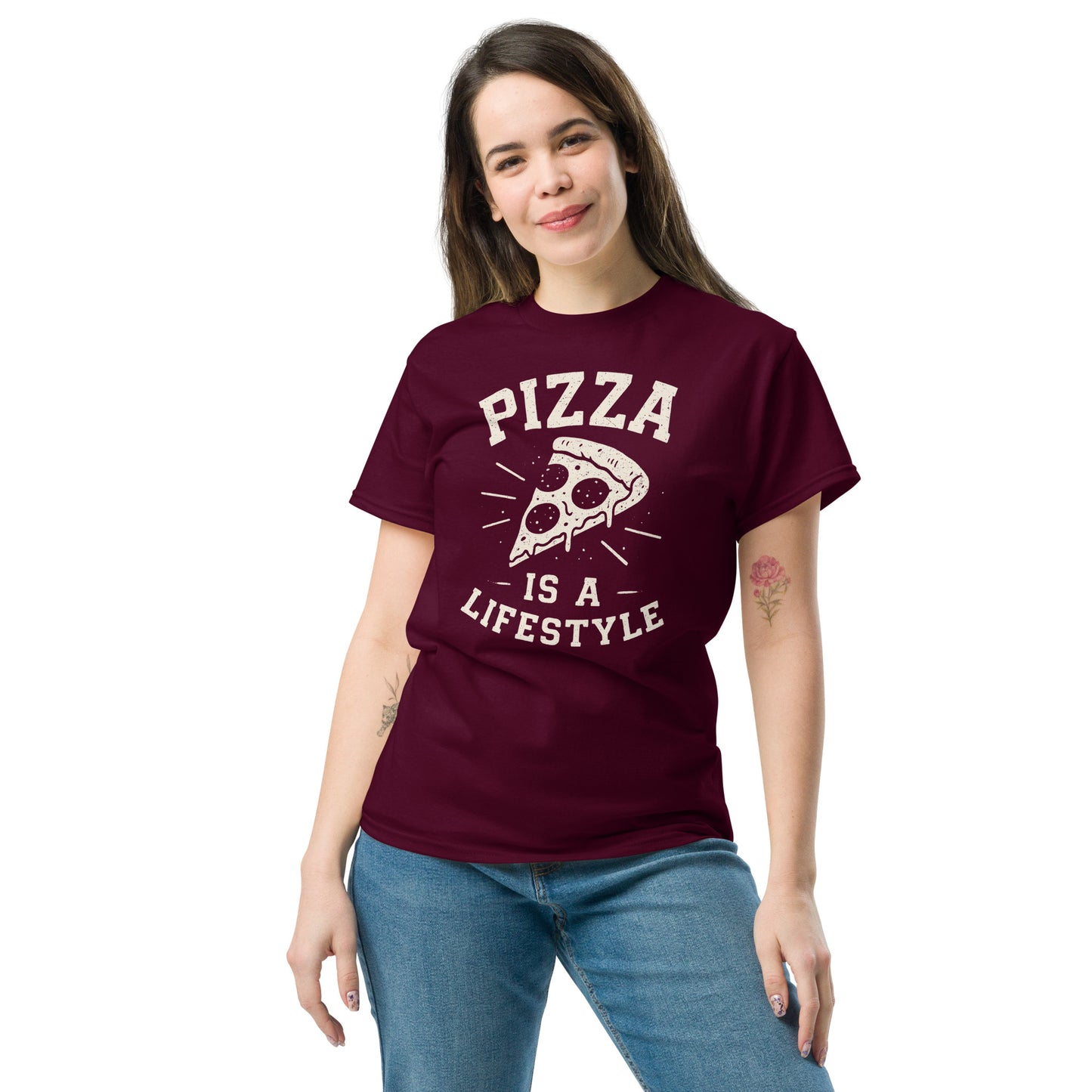 Woman wearing a maroon t-shirt with 'Pizza is a Lifestyle' text on a white background