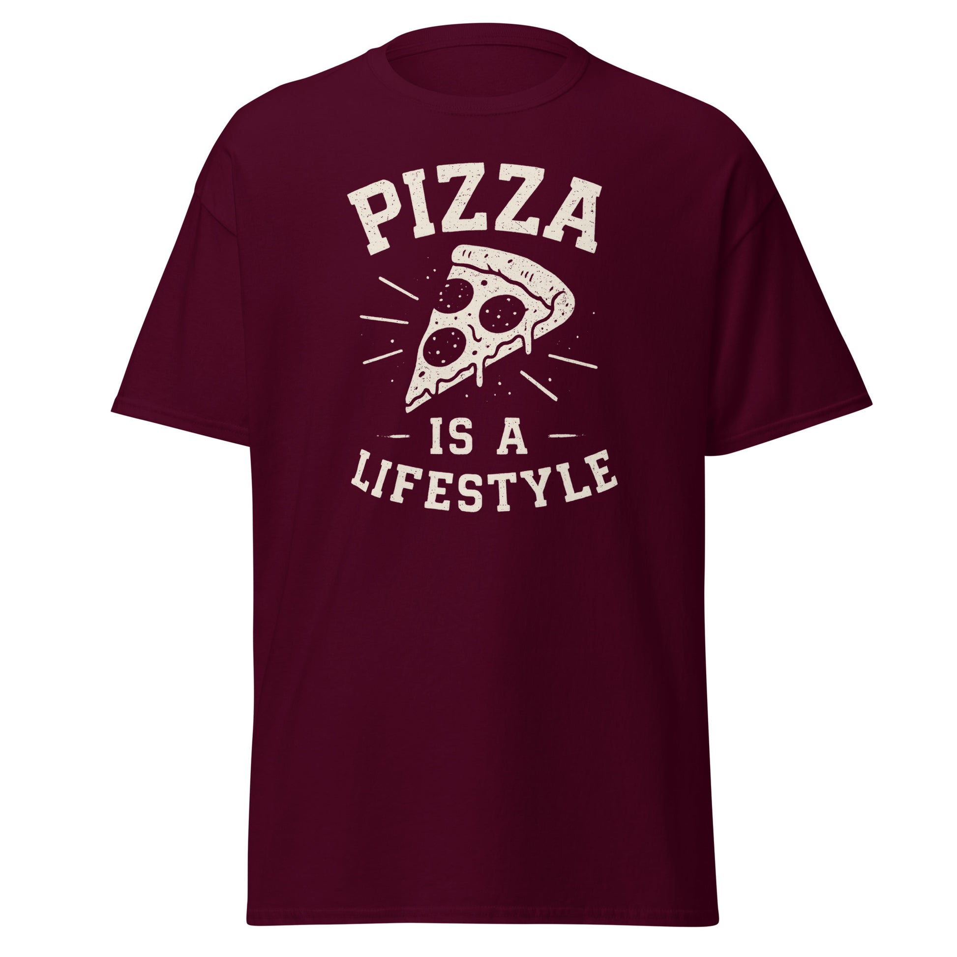 Maroon t-shirt with 'Pizza is a Lifestyle' graphic and text on a white background