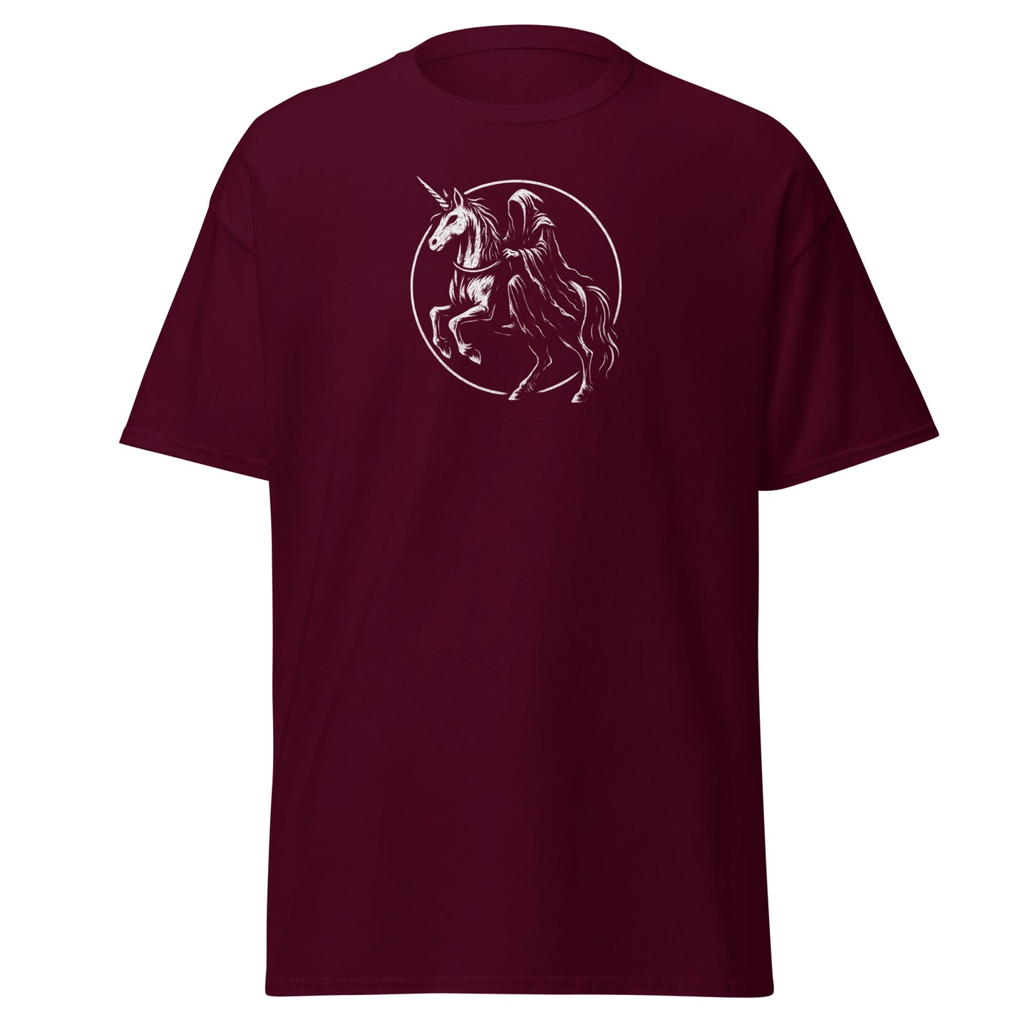 Maroon t-shirt with a unicorn and rider graphic on a white background