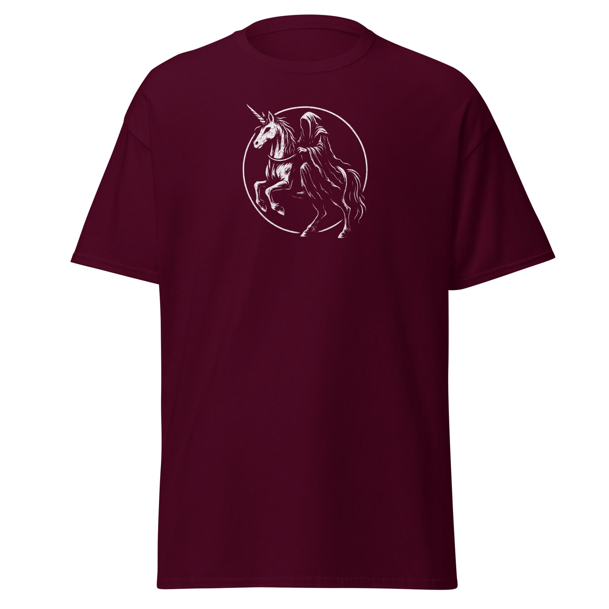 Maroon t-shirt with a unicorn and rider graphic on a white background