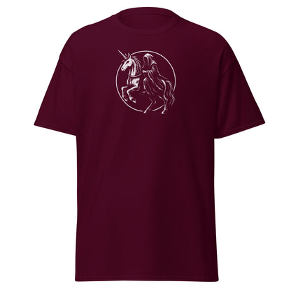 Maroon t-shirt with a unicorn and rider graphic on a white background