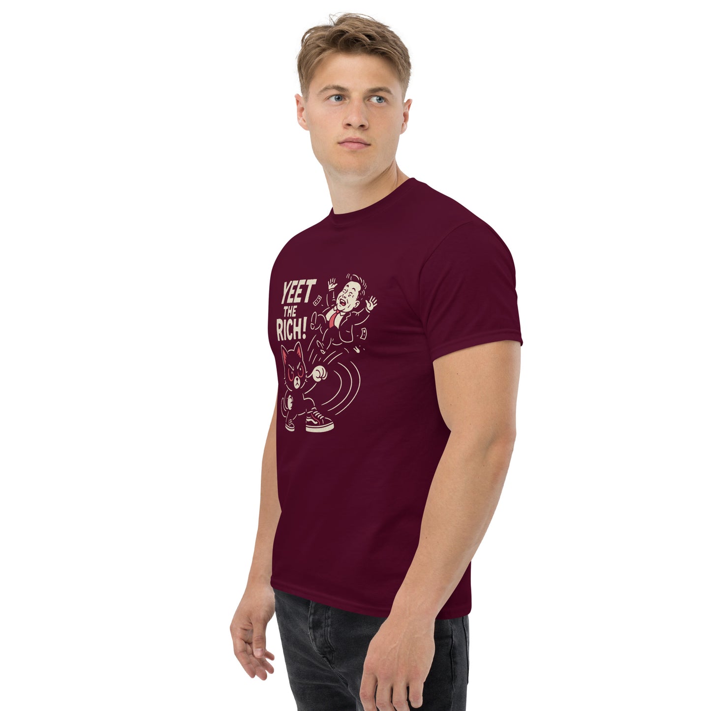 Man wearing a maroon t-shirt with graphic design and text on a white background