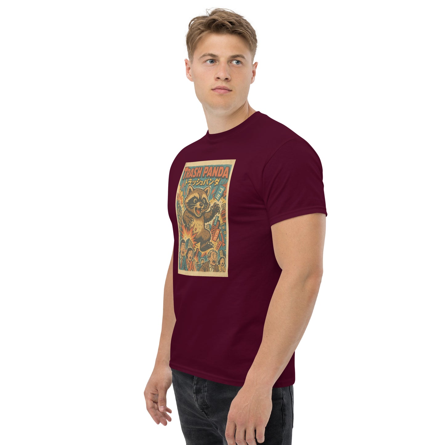 Man wearing a maroon t-shirt with a graphic design on a white background