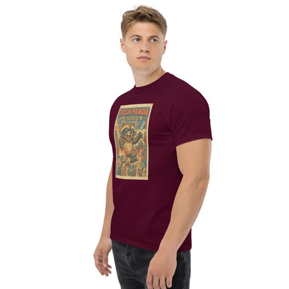 Man wearing a maroon t-shirt with a graphic design on a white background