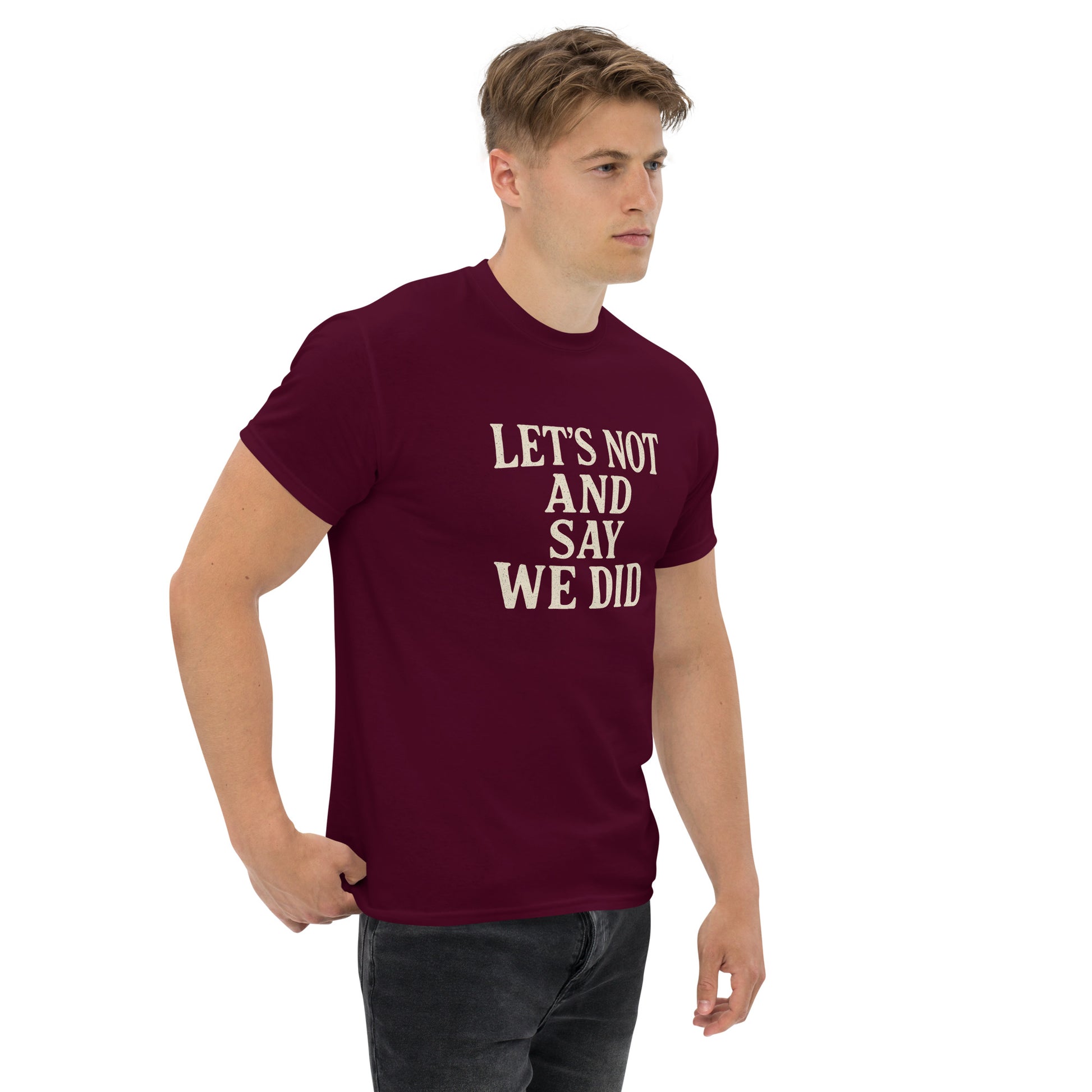 Man wearing a maroon t-shirt with white text on a white background