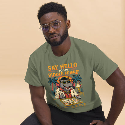 man wearing green shirt with hippo playing a game and text "Say hello to my riddle, friend!"
