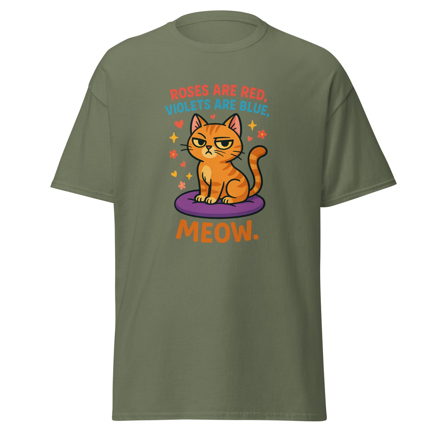 Green t-shirt with a cat graphic and text on a white background