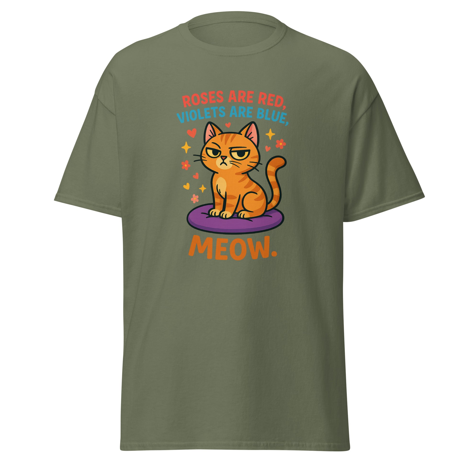 Green t-shirt with a cat graphic and text on a white background