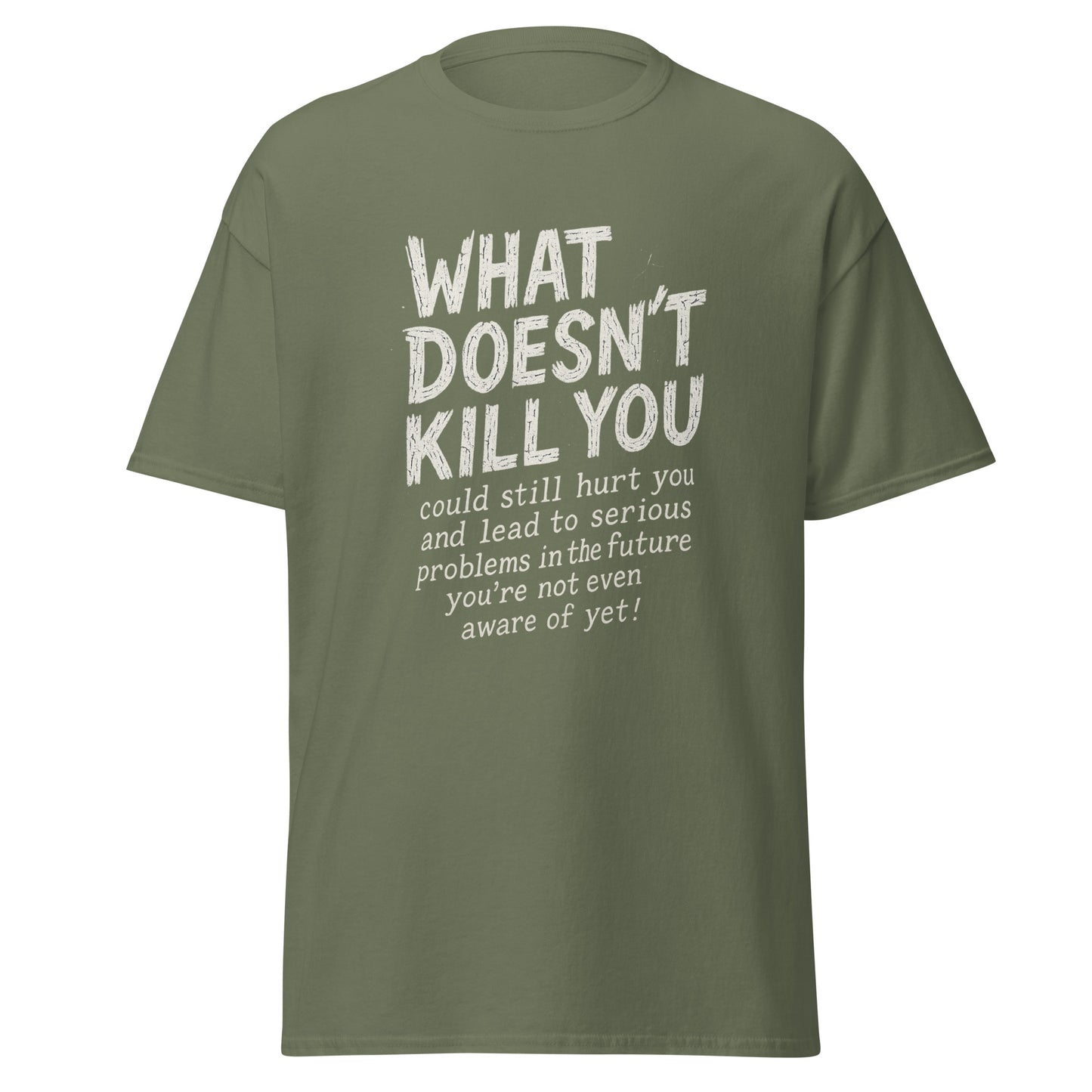 Green t-shirt with white text on a white background