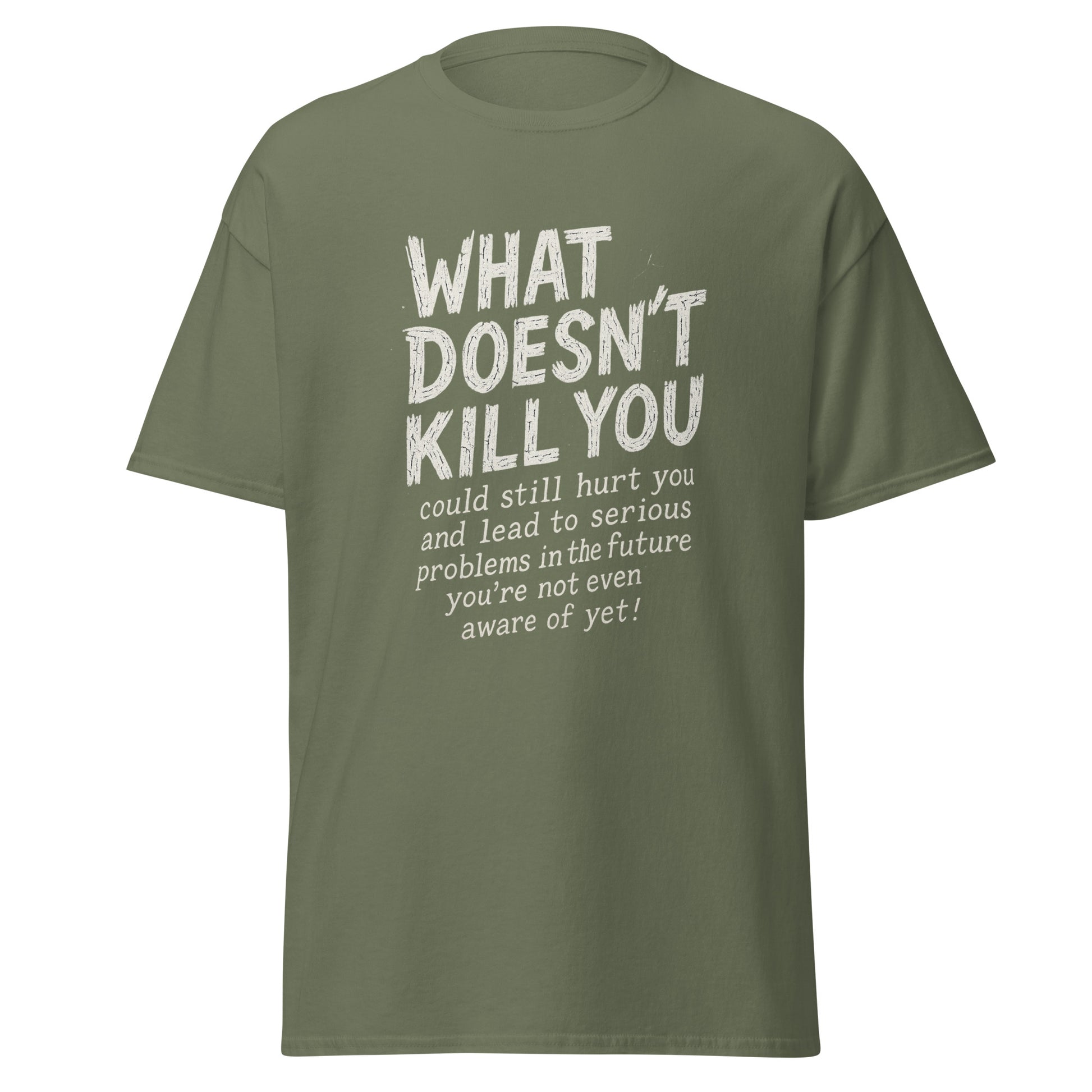 Green t-shirt with white text on a white background