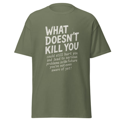 Green t-shirt with white text on a white background