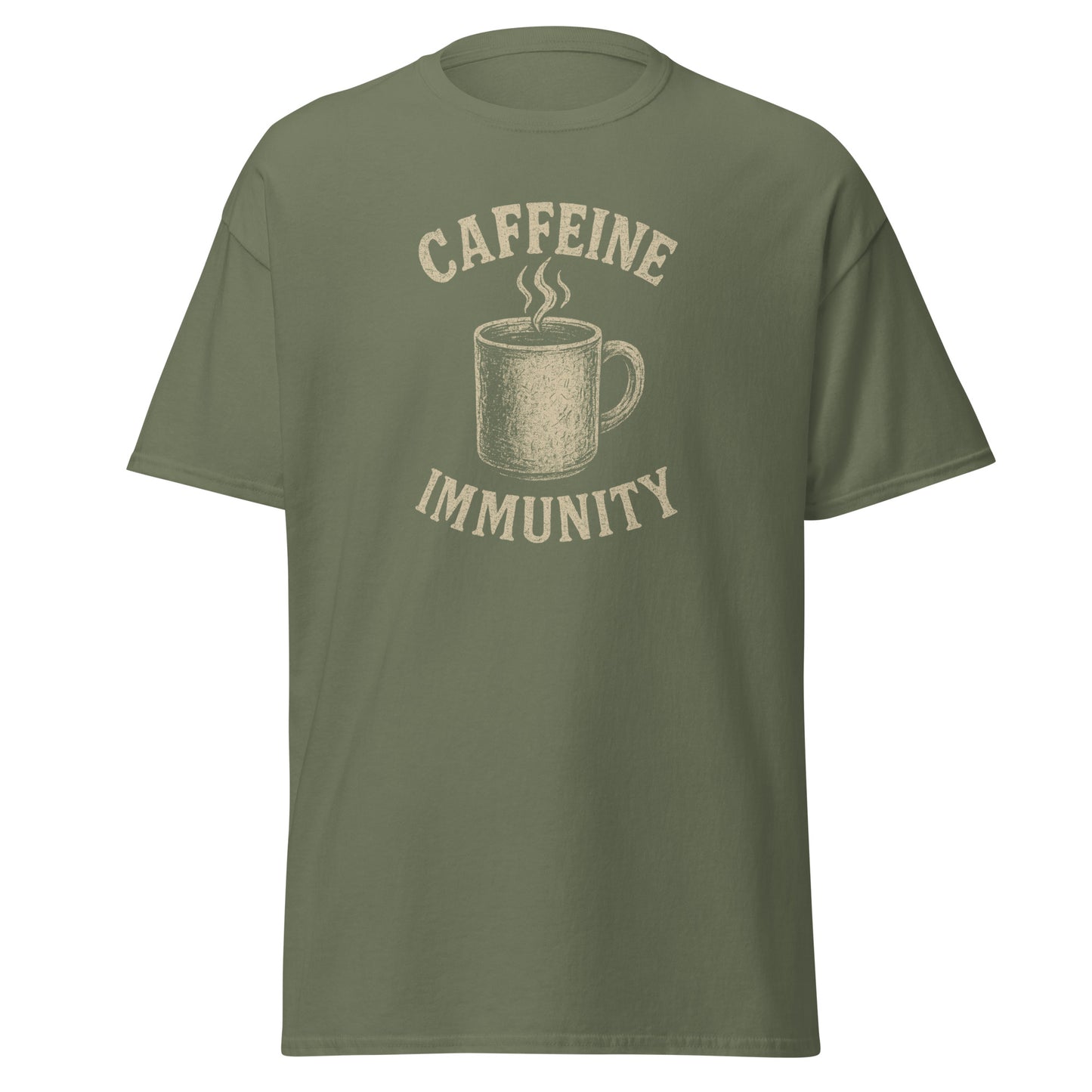 Green t-shirt with 'Caffeine Immunity' graphic on a white background