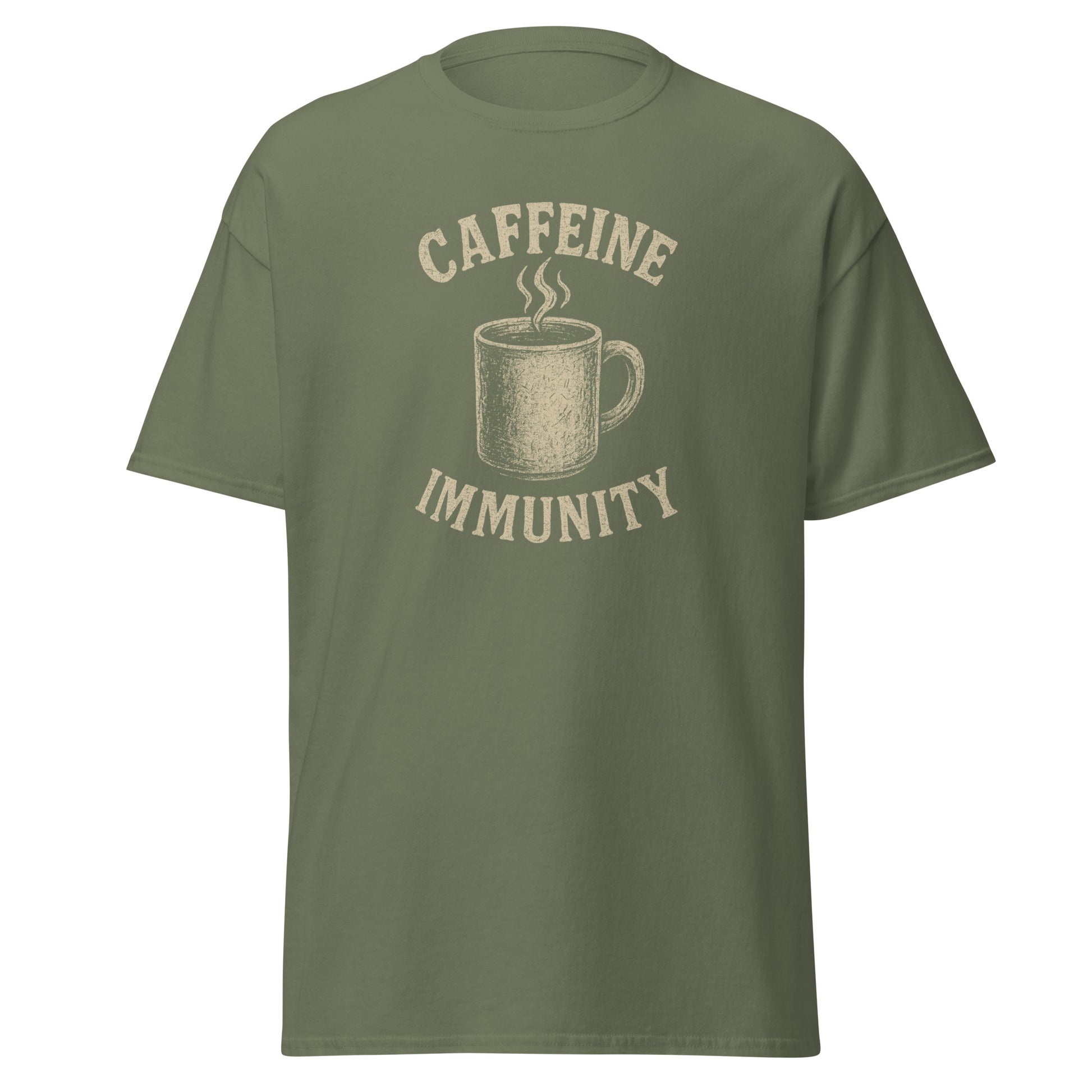 Green t-shirt with 'Caffeine Immunity' graphic on a white background