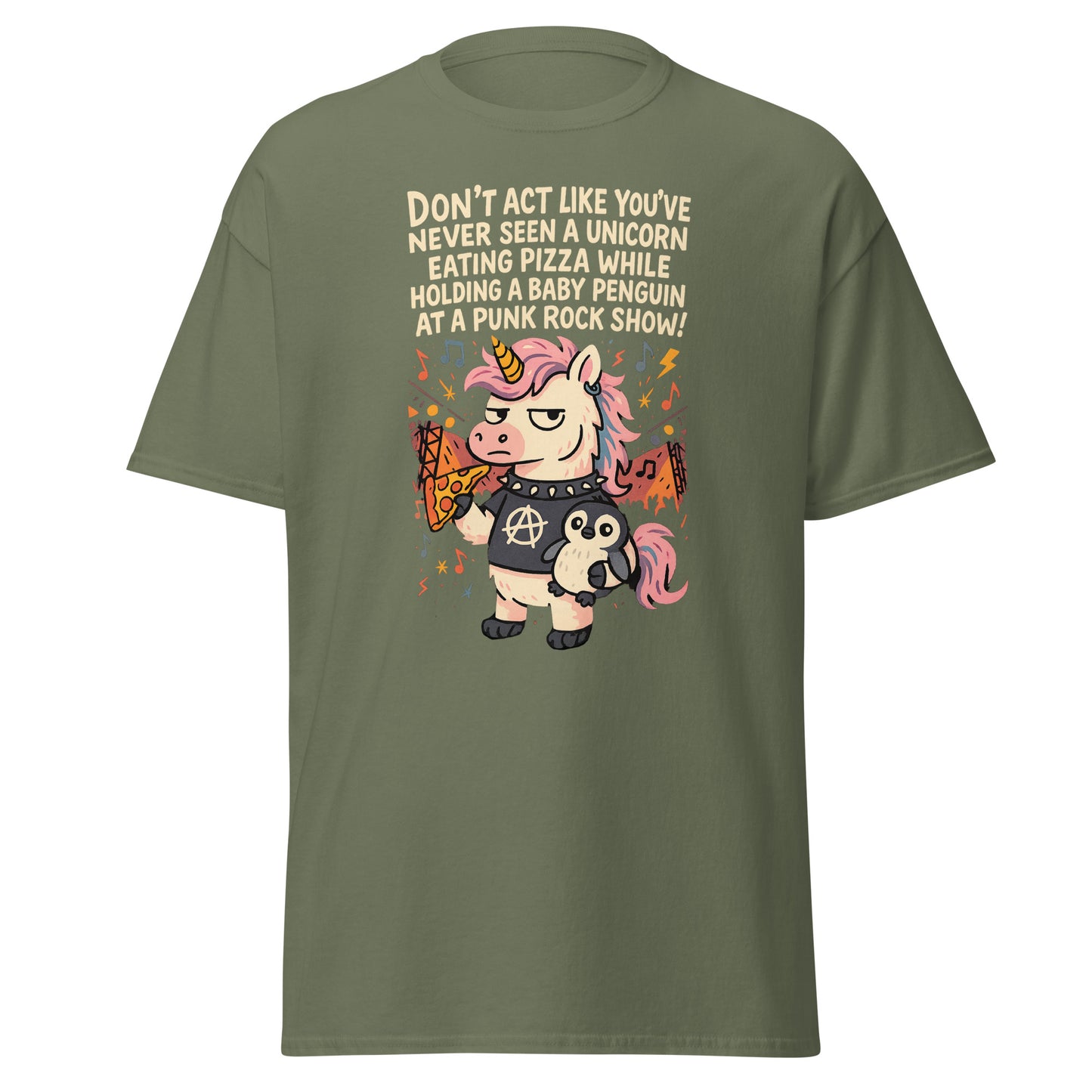 Green t-shirt with a unicorn graphic and text on a white background