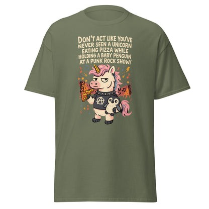 Green t-shirt with a unicorn graphic and text on a white background