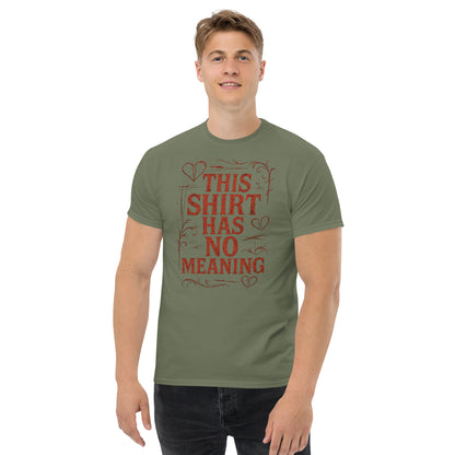 Person wearing a green t-shirt with red text on a white background