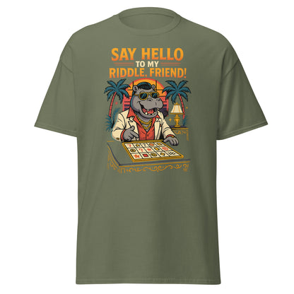 green shirt with hippo playing a game and text "Say hello to my riddle, friend!"