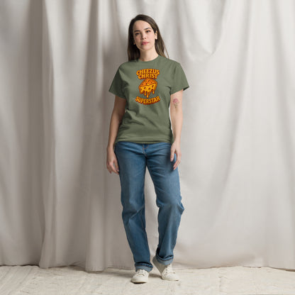 Person wearing a green t-shirt with a graphic design and text, standing against a plain background