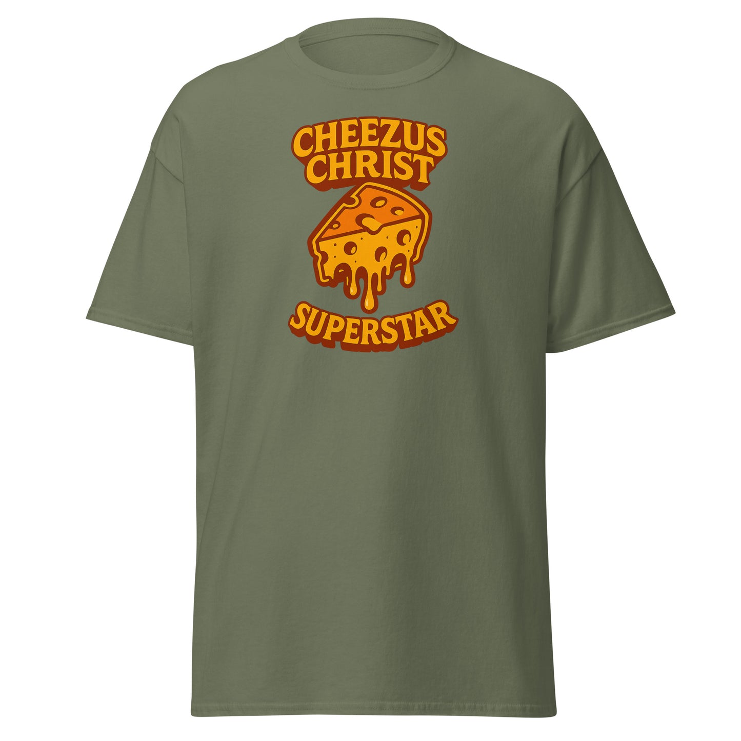 Green t-shirt with 'Cheezus Christ Superstar' graphic design on a white background
